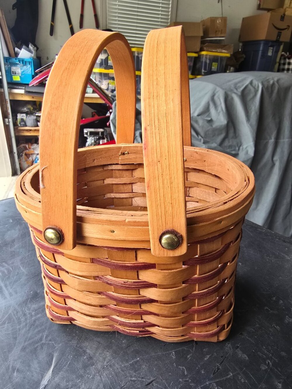 Vintage Hand-Woven Wood Basket Two-Toned Red Accent Swing Handles